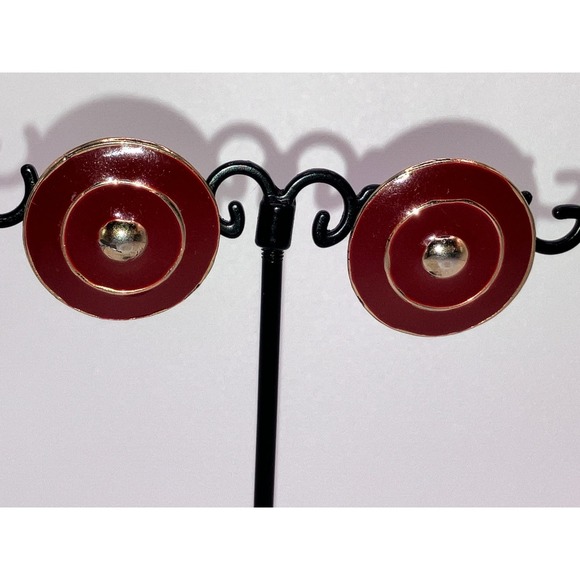 Vintage Burgundy & Gold Shield Shape Modern Earrings! - Picture 2 of 5